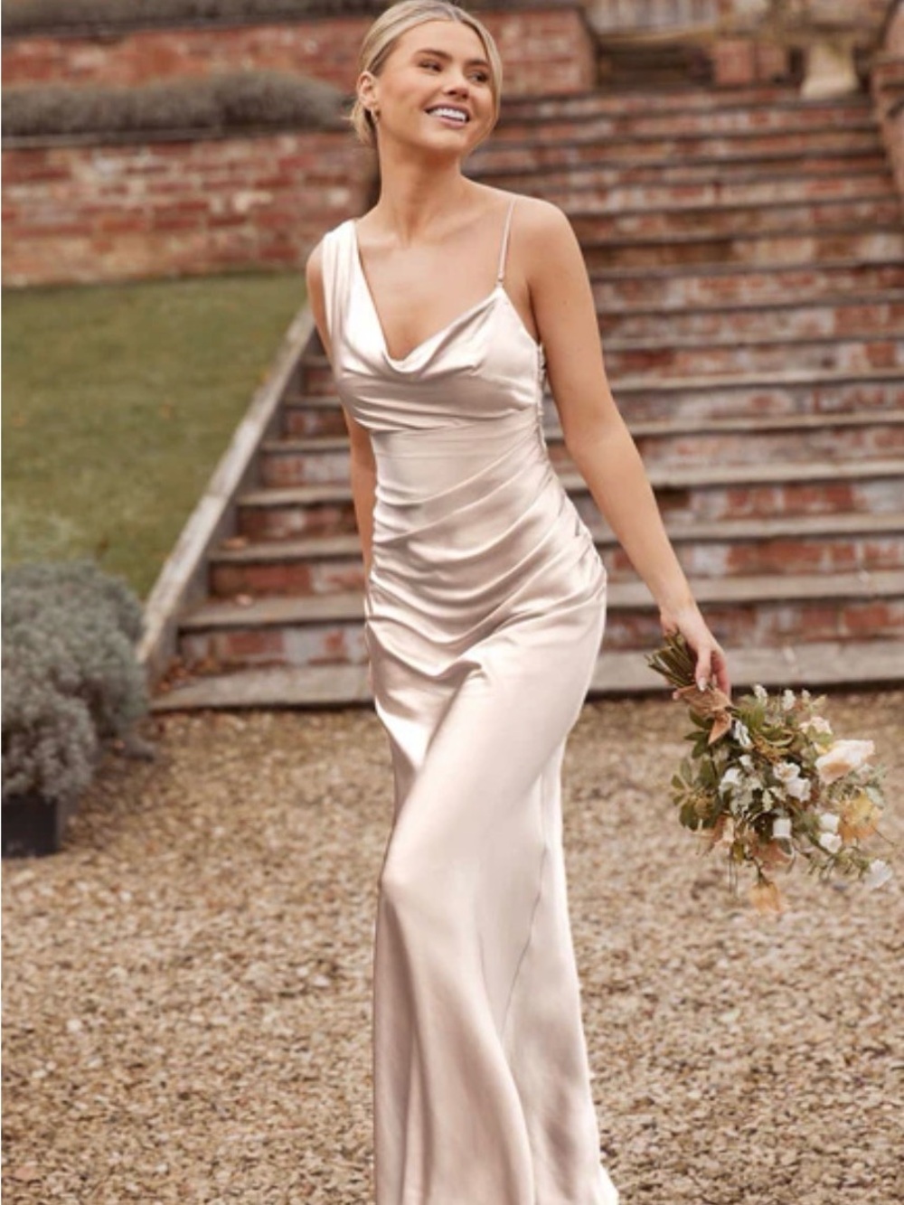 Six Stories Cowl Asymmetrical Satin Bridesmaid Dress - Oyster Size UK 12 US 8